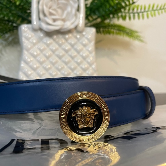 NWT Versace Cobalt Blue Leather Belt with Gold Medusa - Picture 3 of 8